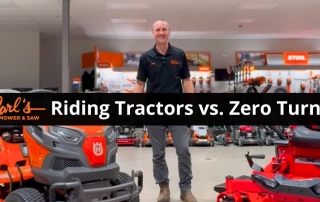 Text Carl's Mower & Saw Riding Tractors vs. Zero Turns with man standing between a tractor mower and zero turn mower