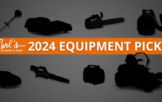 Carl's Mower & Saw 2024 Equipment Picks text with silhouettes of 8 pieces of outdoor power equipment