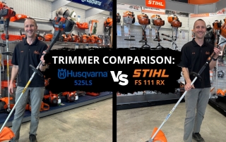 Text: Trimmer Comparison: Husqvarna 525LS vs STIHL FS 111 RX with images of man holding a 525LS trimmer and a FS 111 RX trimmer