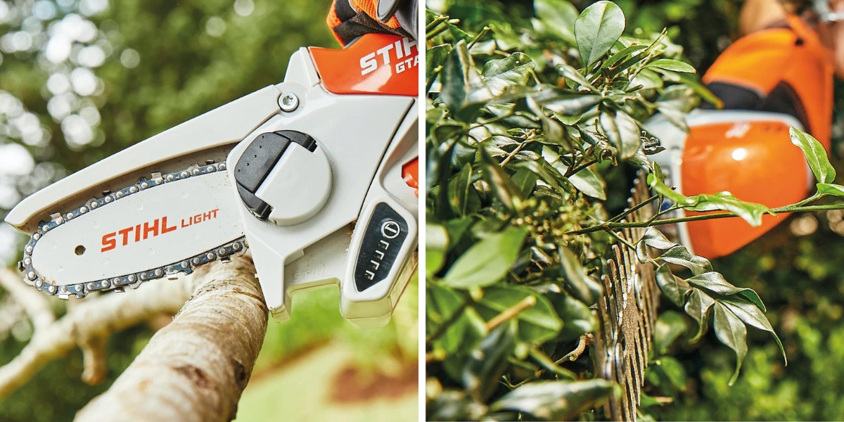 close up of a STIHL GTA 26 handheld chainsaw and STIHL HSA 26 handheld trimmer