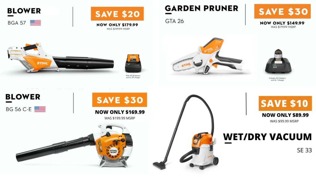 Sale on the STIHL BGA 57 blower, BG 56 C-E blower, GTA 26 pruner, SE 33 vacuum