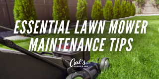 Image of a lawn mower on green grass with text that says "Essential lawn mower maintenance tips"