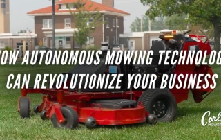 an Exmark Autonomous mower on grass with text that reads "How Autonomous Mowing Technology Can Revolutionize Your Business"