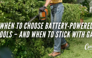 tex that says "when to choose battery-powered tools — and when to stick with gas" over an image of a woman using a battery hedge trimmer on a green hedge