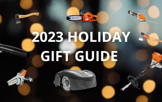 Text of Ultimate Holiday Gift Guide surrounded by STIHL and Husqvarna products on a background with hazy lights