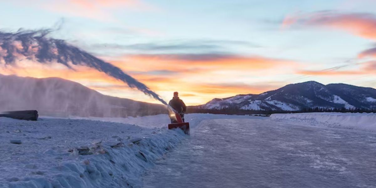 Man outside on a snowy day at sunset using an Ariens Deulxe snow thrower